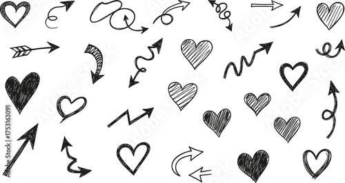 Hand-drawn hearts and arrows, black doodle icons on white background, emotional sketch elements for love, design, and communication themes