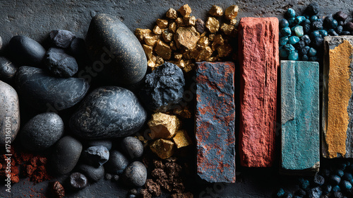 Small piles of various minerals extracted from a rare earth mine, highlighting the diversity and importance of these resources in modern industry