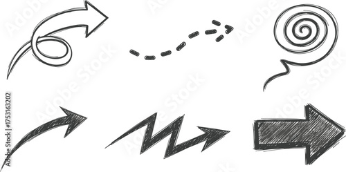 Hand-drawn arrow designs, white sketch styles on black background, curved, zigzag, spiral, bold directional icons for graphic and presentation use