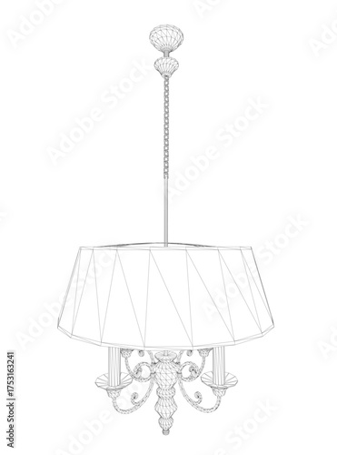 Vintage chandelier 3D model with a white shade, showcasing intricate wireframe details and elegant design elements.