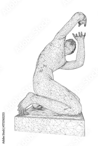 A black and white sketch of Ilioneus, a kneeling man statue, in a yoga pose pleading for mercy. The drawing features intricate details and shading on a clean white background.