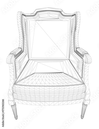 Vintage luxurious armchair wireframe model with curved backrest, detailed armrests, and glossy finish on white background.