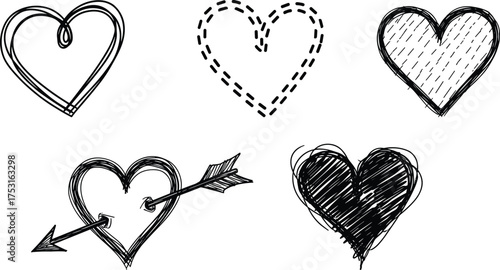 Hand drawn hearts, sketch heart designs, arrow love symbol, romantic doodles, artistic heart set, ink love icons, black outline illustration