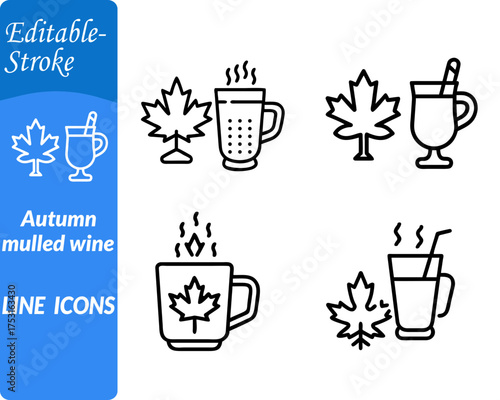 Autumn mulled wine icon. characterized by a steaming mug or glass filled with warm spiced wine. garnished with cinnamon sticks orange slices and star anise. Designed in a cozy seasonal vector style.