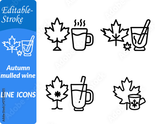 Autumn mulled wine icon. characterized by a steaming mug or glass filled with warm spiced wine. garnished with cinnamon sticks orange slices and star anise. Designed in a cozy seasonal vector style.