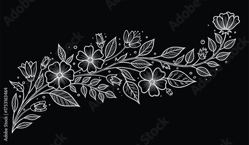 Floral line art illustration, blooming flowers and leaves in white sketch style on black background for design, decor, and tattoo inspiration