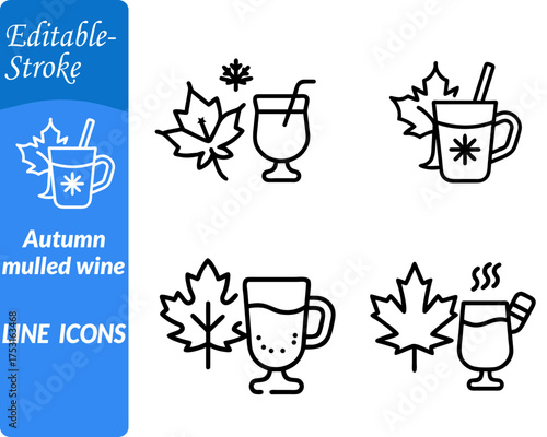 Autumn mulled wine icon characterized by a warm glass or mug filled. with spiced red wine emitting steam to show heat. Decorated with cinnamon sticks. orange slice and star anise evoking autumn vibes.