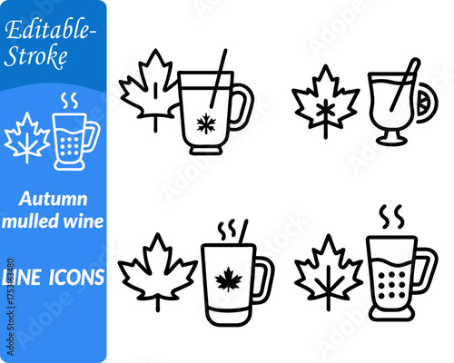 Autumn mulled wine icon characterized by a warm glass or mug filled. with spiced red wine emitting steam to show heat. Decorated with cinnamon sticks. orange slice and star anise evoking autumn vibes.