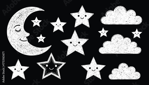 Cute moon, stars, and clouds illustration, white sketch-style celestial icons on black background for night sky, weather, and design themes