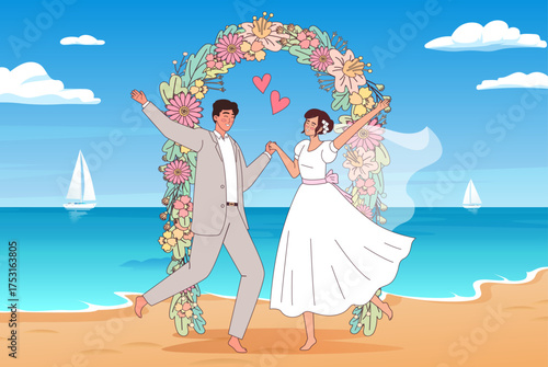 Cartoon style wedding on the sunny beach. Invitation illustration with a happy and in love bride and groom