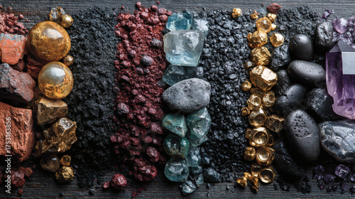 Small piles of various minerals extracted from a rare earth mine, highlighting the diversity and importance of these resources in modern industry
