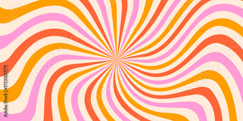Retro swirl groovy starburst background with wavy lines in pink, orange, yellow. Psychedelic abstract design inspired by 70s style. Perfect for posters, prints, and web design. Vector illustration.