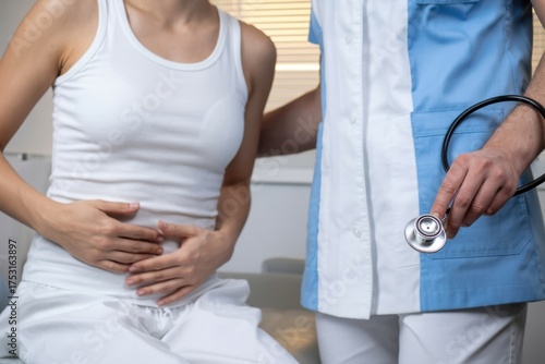 Worried woman consulting with her doctor about stomach pain and digestive issues