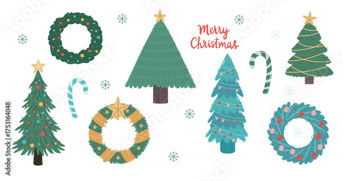 Set of hand-drawn Christmas trees and wreaths in a cozy Scandinavian style. Festive clipart with ribbons, lights, candy canes, and snowflakes. Perfect for cards, decor, and winter projects.