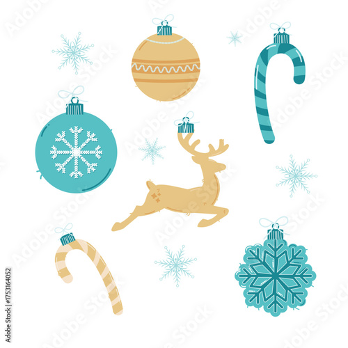 A vector set of Christmas tree decorations, including ornaments, candy canes, reindeer, and snowflakes. Perfect for holiday greeting cards, festive decor, winter projects