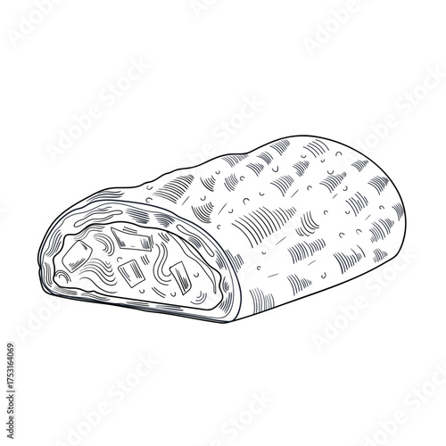 Outline vector illustration of strudel with ice cream and mint. Ideal for coloring pages, icons, logos, menus, and educational materials