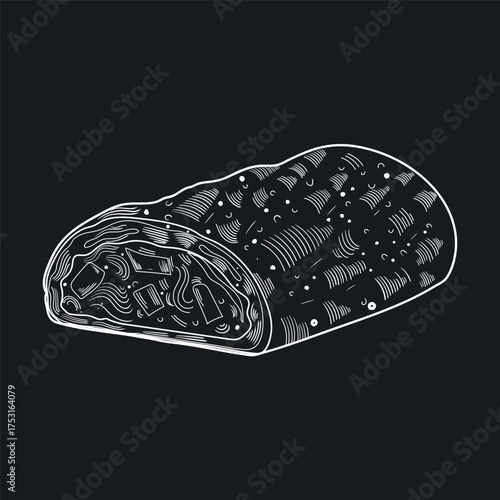 White outline of strudel on a black background. Stylish vector dessert icon for menus, branding, web design, and pastry shops