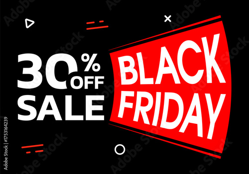 Black Friday sale banner. 30 percent price off. Discount, special offer design template. Promotion, marketing poster. Vector illustration.
