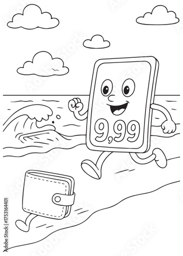 coloring book running price tag with wallet and waves background symbolizing cost increase