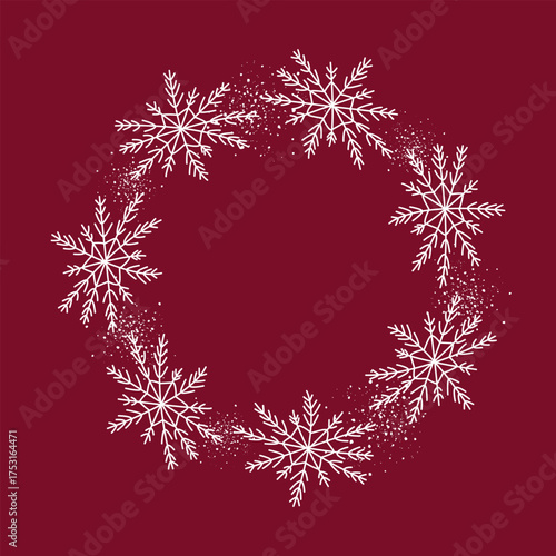 Round winter Christmas frame with hand-drawn snowflakes. Round snowflake-shaped frame with winter holiday elements. Vector illustration on a green background