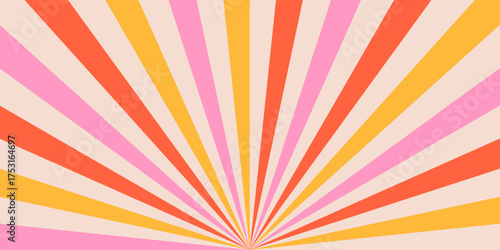Red pink yellow trippy sun burst line background. Psychedelic wavy stripe wallpaper. Groovy twisted sunburst swirl. Distorted texture design for poster, banner, flyer, cover. Vector illustration