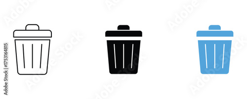 Trash can icon set vector on white background. garbage, waste, recycle, container, dustbin, rubbish, dumpster, bucket, box, symbol.