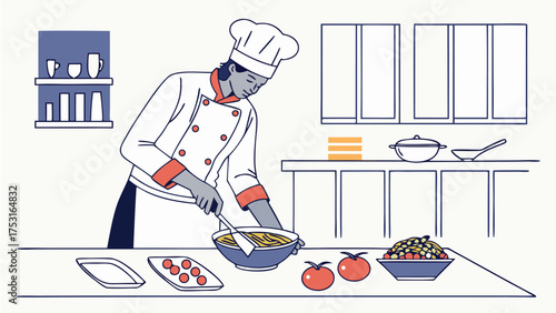 Chef preparing food in a kitchen with tomatoes pasta and other ingredients on the counter and shelves visible