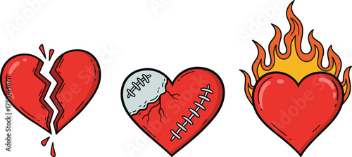 Broken, stitched, and flaming hearts, emotional love symbols in white sketch style on black background, expressive romantic illustration for design