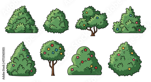Cartoon Trees and Bushes A Set of Lush Green Illustrations for Diverse Uses