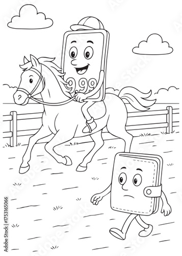 coloring book price label riding horse with wallet character showing inflation competition