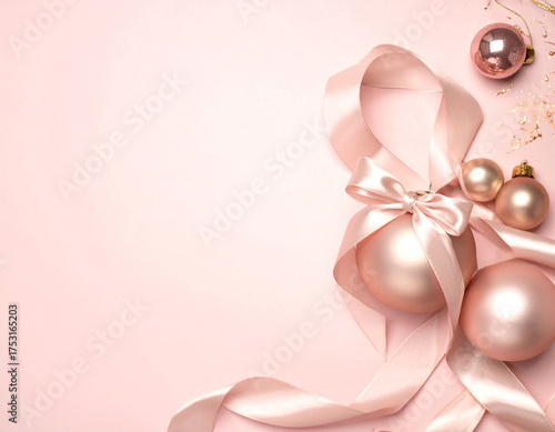 Romantic Pink and Gold Christmas Flatlay — Elegant rose gold baubles, silk ribbon and soft blush background for modern holiday design.