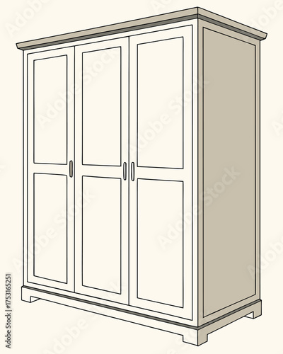 A three-door wooden wardrobe is shown with rectangular panel designs and small vertical handles. It stands on short legs and has a slightly protruding top edge, giving it a classic, sturdy look.