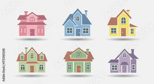 Collection of colorful houses illustration, showcasing diverse architectural styles in a simple and charming design