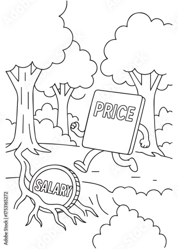 coloring book price chasing salary root in forest symbolizing cost and wage imbalance