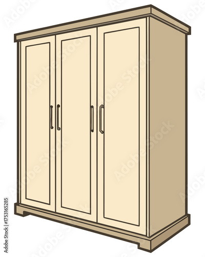 A vector illustration of a simple wardrobe or closet. It features a classic design with three vertical doors, each with thin, vertical handles. The furniture is colored in a light, neutral palette.