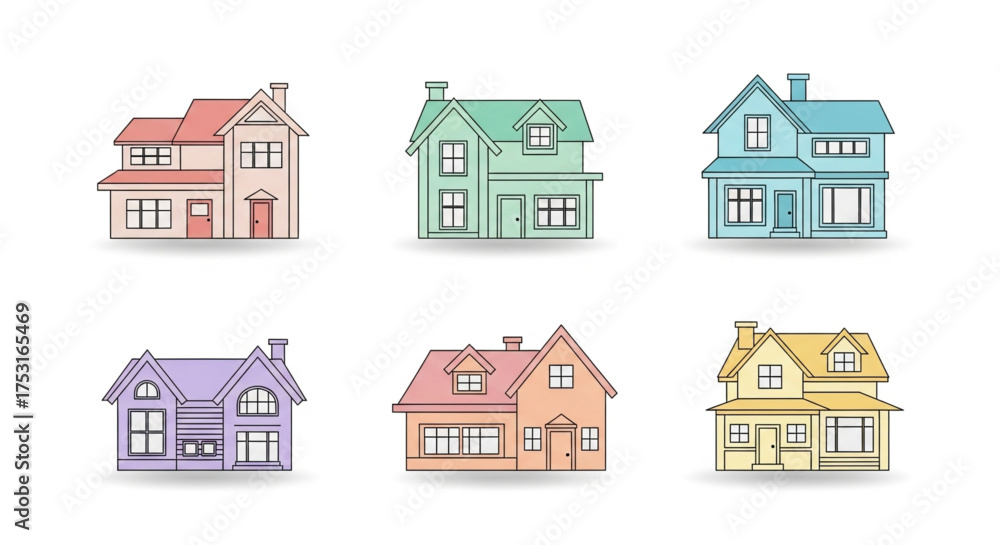 Fototapeta premium Charming collection of houses illustration, each with unique architectural details and a touch of whimsical design