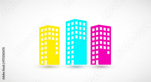 Colorful building icon, featuring yellow, cyan, and magenta blocks, representing modern architecture and urban development