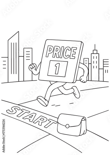 coloring book price tag running at start line showing beginning of inflation rise