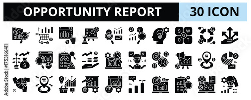 30 Opportunity Report Glyph Icons Vector - Forecast, Competitor Analysis, Potential, Segmentation, Opportunities, Investment, Profitability, Outcome, Demand