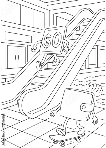 coloring book wallet on skateboard with escalator and zero price tag symbolizing shopping inflation