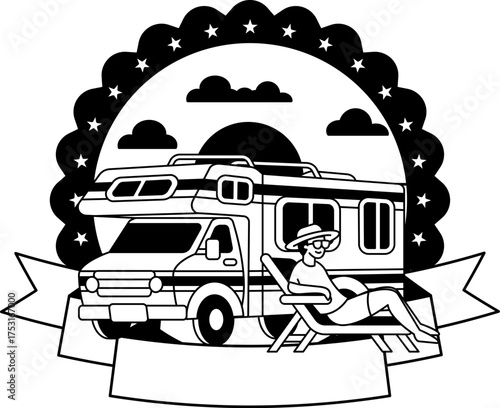 black and white logotype of a Man sitting on a beach chair with a camper van