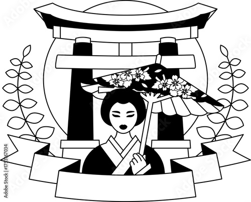 black and white logotype of A Japanese woman wearing a kimono stands in front of the torii gate