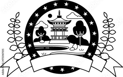 black and white logotype of a Japanese pavilion