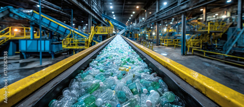 Conveyor belt with plastic recyclables at the enterprise, waste recycling and disposal concept