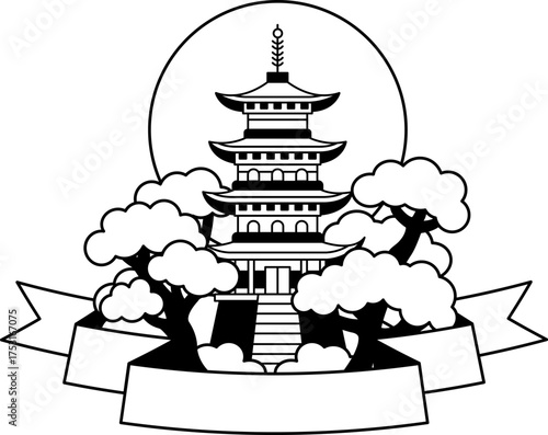 black and white logotype of a japan temple