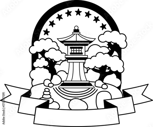 black and white logotype of a japan pagoda in zen gargen