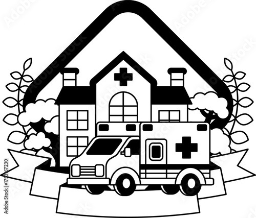 black and white logotype of an ambulance in front of the hospital