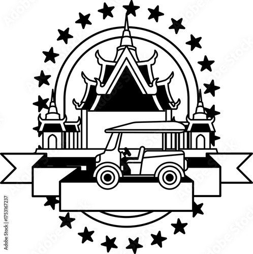 black and white logotype of a tuk tuk in front of the temple