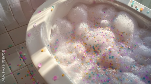 Relaxing bathtub with colorful confetti and bubbles in sunlit bathroom,Bathtub Party Day