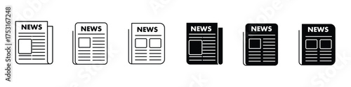 Newspaper icon set vector on white background.  media, press, publication, article, report, information, daily, journal, headline, symbol.